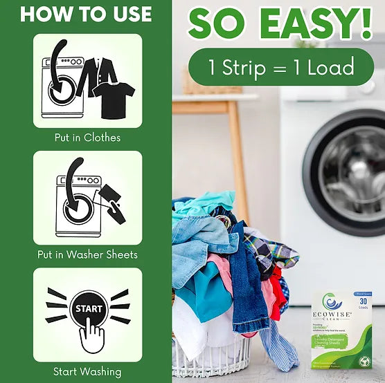 Ecowise Clean - Laundry Detergent Sheets Eco-Friendly Strips, Concentrated Biodegradable Washer Sheets